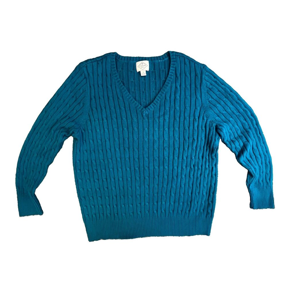St johns bay cable knit sweater 1X V-neck Turquoise Blue Cotton Blend Plus Size